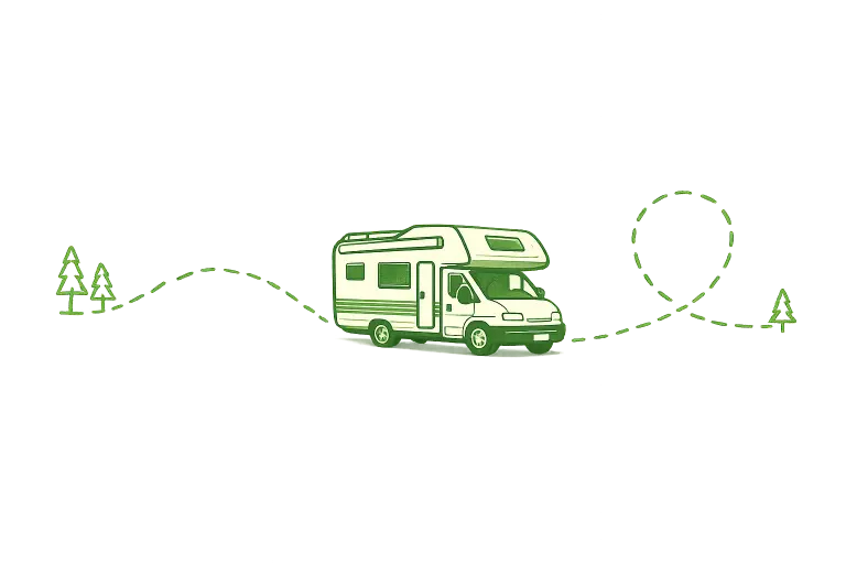 Illustration of a camper van following a winding route between trees